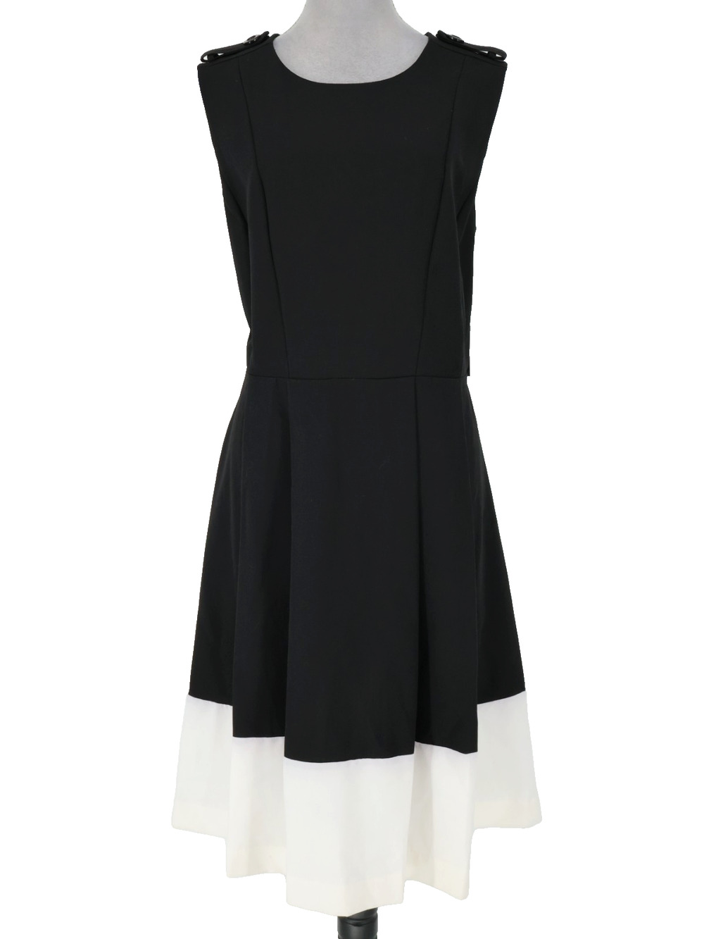 Shelby and Palmer Dress Womens 14 Black Ivory Stretch Knit Zip Epaulets Midi New